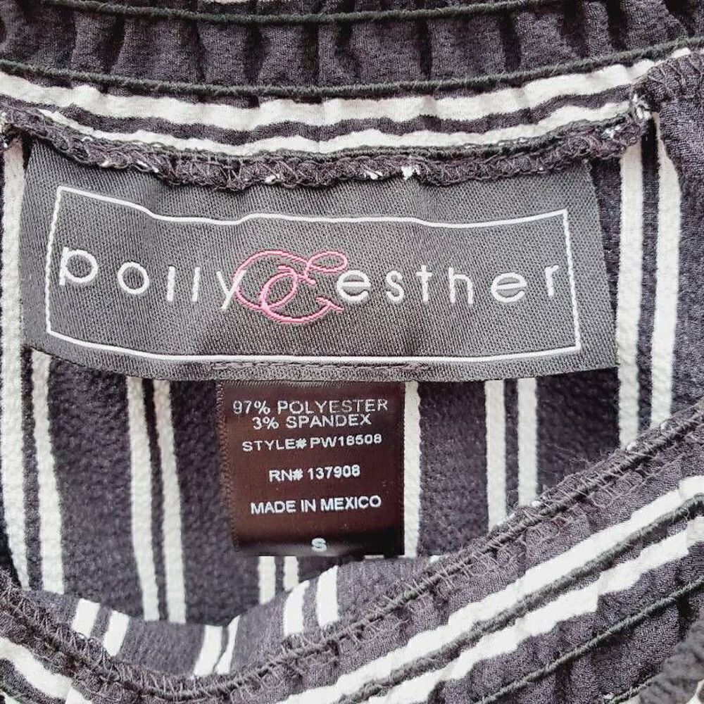 Polly & Esther Womens Blouse Black Striped 3/4 Sleeve Off Shoulder Ruched S New - Picture 7 of 7